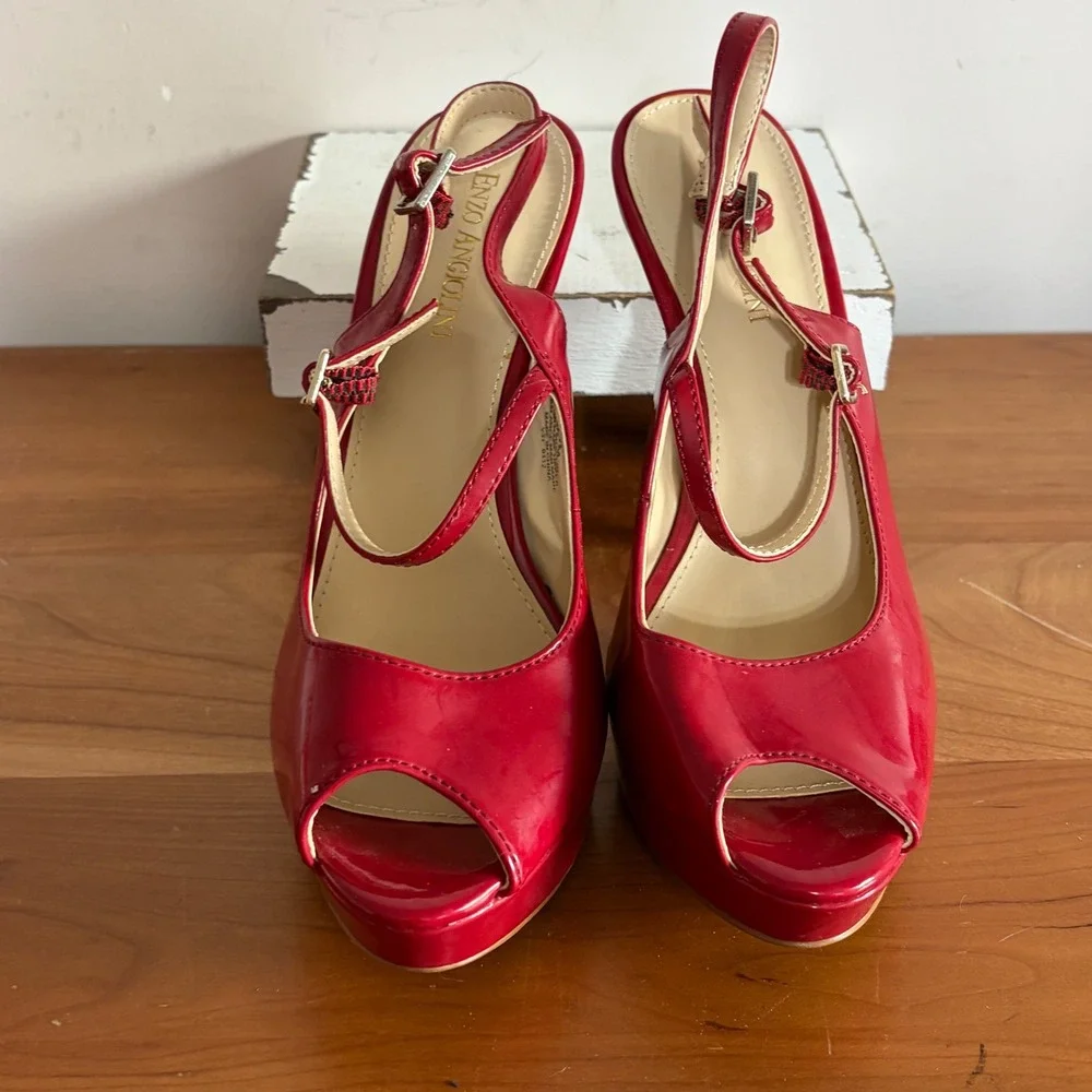 Enzo Angiolini Shaylin Red Patent Peep Toe Platform Slingback Heels 8.5M